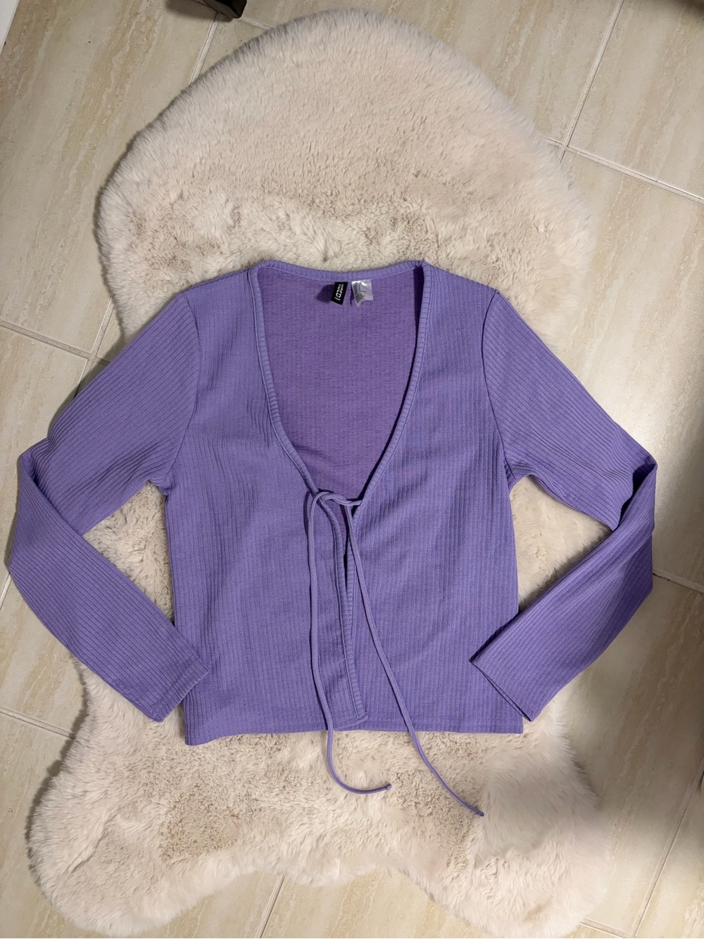 H&M Lavender Tie-Front Ribbed Long-Sleeve Top - M